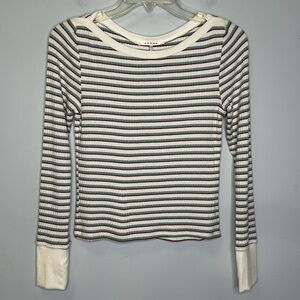 Frame Women’s Stretch Ribbed Knit Boat Neck Sage Striped  Jersey Sweater Top M